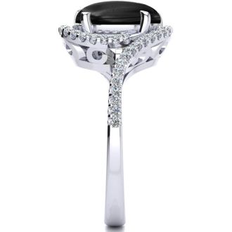 Black Onyx Ring: 2 3/4 Carat Oval Shape Black Onyx and Halo Diamond Ring In Sterling Silver