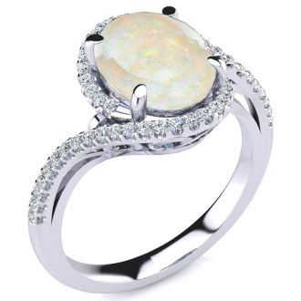 Opal Ring: 2 3/4 Carat Oval Shape Created Opal and Halo Diamond Ring In Sterling Silver