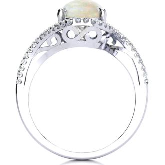 Opal Ring: 2 3/4 Carat Oval Shape Created Opal and Halo Diamond Ring In Sterling Silver