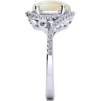 Opal Ring: 2 3/4 Carat Oval Shape Created Opal and Halo Diamond Ring In Sterling Silver