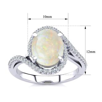 Opal Ring: 2 3/4 Carat Oval Shape Created Opal and Halo Diamond Ring In Sterling Silver