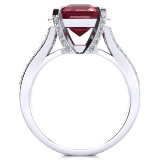 Ruby Ring: 4 Carat Emerald Shape Created Ruby and Diamond Ring In Sterling Silver