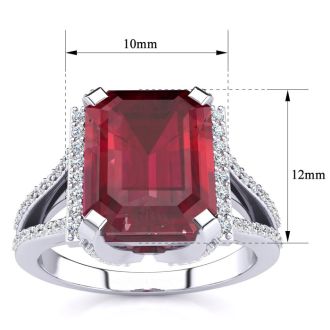 Ruby Ring: 4 Carat Emerald Shape Created Ruby and Diamond Ring In Sterling Silver