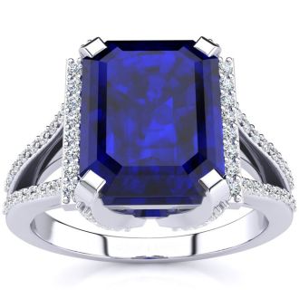 Sapphire Ring: 4 Carat Emerald Shape Created Sapphire and Diamond Ring In Sterling Silver
