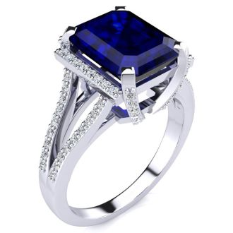 Sapphire Ring: 4 Carat Emerald Shape Created Sapphire and Diamond Ring In Sterling Silver