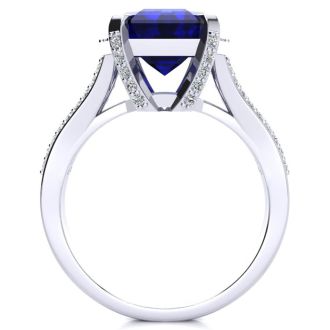 Sapphire Ring: 4 Carat Emerald Shape Created Sapphire and Diamond Ring In Sterling Silver