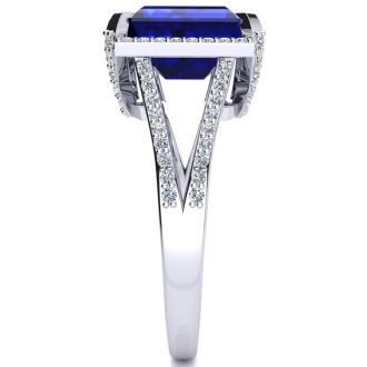 Sapphire Ring: 4 Carat Emerald Shape Created Sapphire and Diamond Ring In Sterling Silver