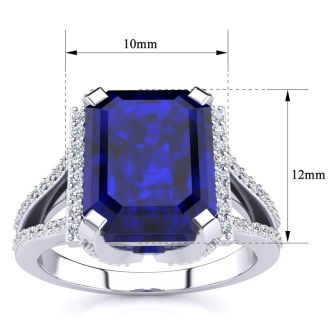 Sapphire Ring: 4 Carat Emerald Shape Created Sapphire and Diamond Ring In Sterling Silver