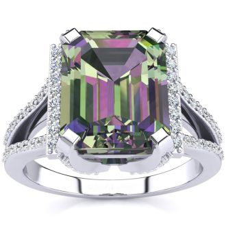 Mystic Topaz Ring: 4 Carat Emerald Shape Mystic Topaz and Diamond Ring In Sterling Silver