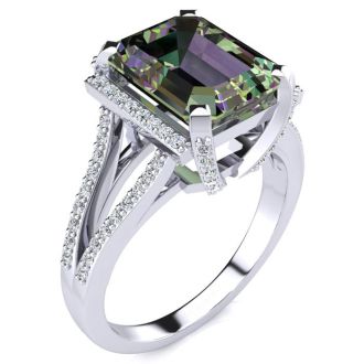 Mystic Topaz Ring: 4 Carat Emerald Shape Mystic Topaz and Diamond Ring In Sterling Silver