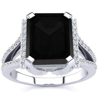 Black Onyx Ring: 4 Carat Emerald Shape Black Onyx and Diamond Ring In Sterling Silver
