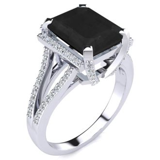 Black Onyx Ring: 4 Carat Emerald Shape Black Onyx and Diamond Ring In Sterling Silver