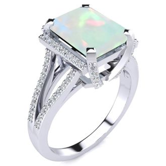 Opal Ring: 4 Carat Emerald Shape Created Opal and Diamond Ring In Sterling Silver