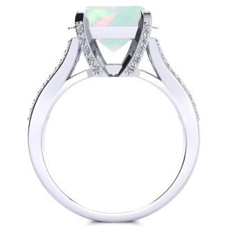 Opal Ring: 4 Carat Emerald Shape Created Opal and Diamond Ring In Sterling Silver