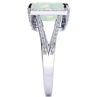 Opal Ring: 4 Carat Emerald Shape Created Opal and Diamond Ring In Sterling Silver