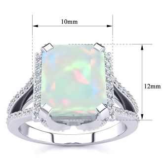 Opal Ring: 4 Carat Emerald Shape Created Opal and Diamond Ring In Sterling Silver