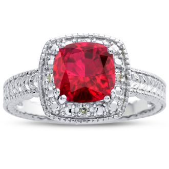 Ruby Ring: 1 1/4 Carat Cushion Cut Created Ruby and Halo Diamond Ring In Sterling Silver