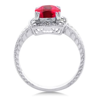 Ruby Ring: 1 1/4 Carat Cushion Cut Created Ruby and Halo Diamond Ring In Sterling Silver