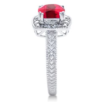 Ruby Ring: 1 1/4 Carat Cushion Cut Created Ruby and Halo Diamond Ring In Sterling Silver