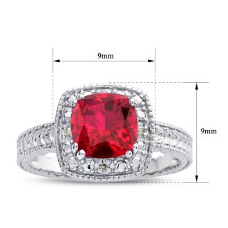 Ruby Ring: 1 1/4 Carat Cushion Cut Created Ruby and Halo Diamond Ring In Sterling Silver