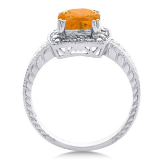 Citrine Ring: 1 1/4 Carat Cushion Cut Citrine and Halo Diamond Ring In Sterling Silver
