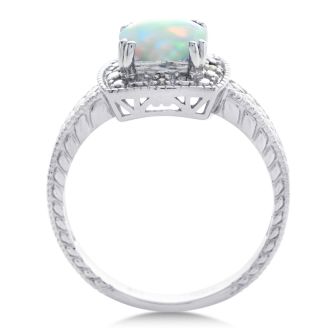 Opal Ring: 1 1/4 Carat Cushion Cut Created Opal and Halo Diamond Ring In Sterling Silver