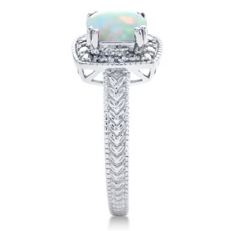 Opal Ring: 1 1/4 Carat Cushion Cut Created Opal and Halo Diamond Ring In Sterling Silver