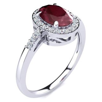Ruby Ring: 1 Carat Oval Shape Created Ruby and Halo Diamond Ring In Sterling Silver