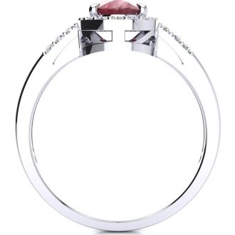 Ruby Ring: 1 Carat Oval Shape Created Ruby and Halo Diamond Ring In Sterling Silver