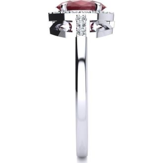 Ruby Ring: 1 Carat Oval Shape Created Ruby and Halo Diamond Ring In Sterling Silver