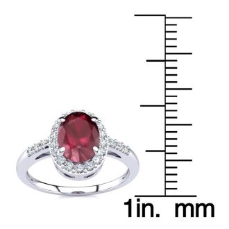 Ruby Ring: 1 Carat Oval Shape Created Ruby and Halo Diamond Ring In Sterling Silver