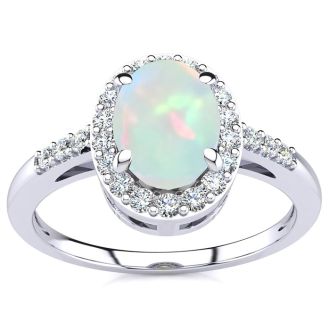 Opal Ring: 1 Carat Oval Shape Created Opal and Halo Diamond Ring In Sterling Silver