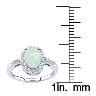 Opal Ring: 1 Carat Oval Shape Created Opal and Halo Diamond Ring In Sterling Silver