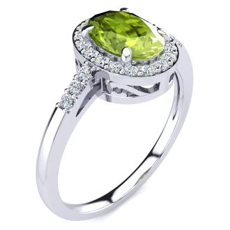 Peridot Ring: 1 Carat Oval Shape Peridot and Halo Diamond Ring In Sterling Silver