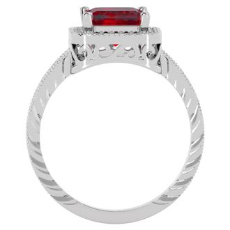 Ruby Ring: 2 3/4 Carat Emerald Shape Created Ruby and Diamond Ring In Sterling Silver