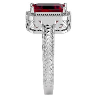 Ruby Ring: 2 3/4 Carat Emerald Shape Created Ruby and Diamond Ring In Sterling Silver
