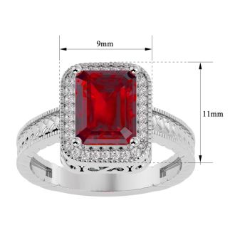 Ruby Ring: 2 3/4 Carat Emerald Shape Created Ruby and Diamond Ring In Sterling Silver