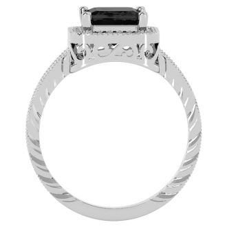 Black Onyx Ring: 2 3/4 Carat Emerald Shape Black Onyx and Diamond Ring In Sterling Silver