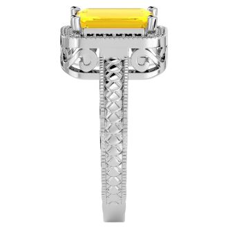 Citrine Ring: 2 3/4 Carat Emerald Shape Citrine and Diamond Ring In Sterling Silver