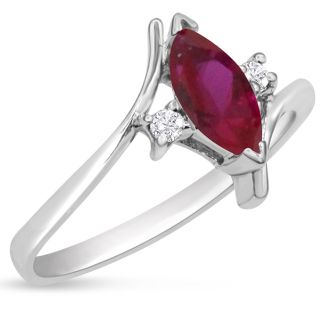 Ruby Ring: 1/2 Carat Marquise Shape Created Ruby and Diamond Ring In Sterling Silver