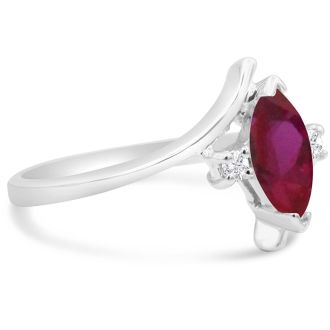Ruby Ring: 1/2 Carat Marquise Shape Created Ruby and Diamond Ring In Sterling Silver