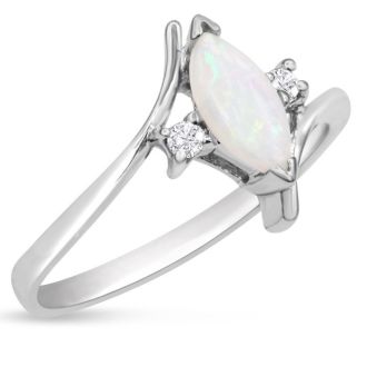 Opal Ring: 1/2 Carat Marquise Shape Created Opal and Diamond Ring In Sterling Silver