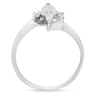 Opal Ring: 1/2 Carat Marquise Shape Created Opal and Diamond Ring In Sterling Silver