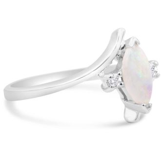 Opal Ring: 1/2 Carat Marquise Shape Created Opal and Diamond Ring In Sterling Silver