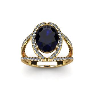 2 Carat Oval Shape Sapphire and Halo Diamond Ring In 14 Karat Yellow Gold