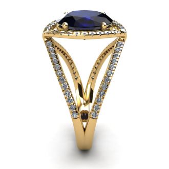 2 Carat Oval Shape Sapphire and Halo Diamond Ring In 14 Karat Yellow Gold