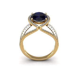 2 Carat Oval Shape Sapphire and Halo Diamond Ring In 14 Karat Yellow Gold