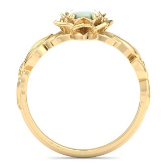 3/4 Carat Oval Shape Opal Ring with Floral Design In 14K Yellow Gold