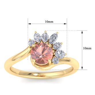 1-1/4 Carat Morganite and Marquise Crown Halo Diamond Ring In 14K Yellow Gold