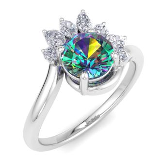 1-1/4 Carat Round Shape Mystic Topaz Ring With Marquise Crown In 14 Karat White Gold